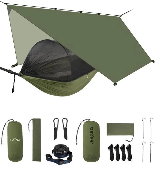 Main image of Camping Hammock with Net & Rain Fly - Double & Single Hammock with House-Like Net- Easy Setup & Pack, Lightweight & Portable, Perfect for Hiking, Backpacking, Outdoor Sleeping