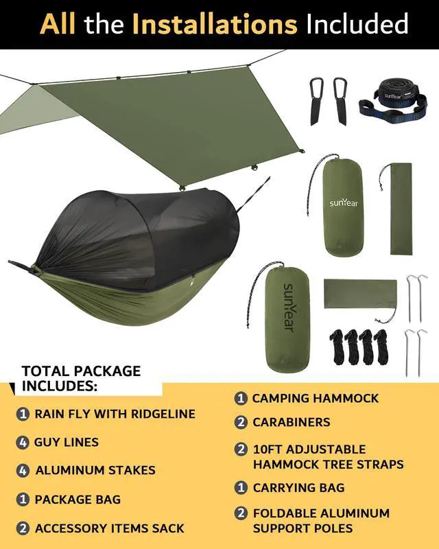 Alt view image 6 of 6 - Camping Hammock with Net & Rain Fly - Double & Single Hammock with House-Like Net- Easy Setup & Pack, Lightweight & Portable, Perfect for Hiking, Backpacking, Outdoor Sleeping