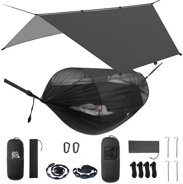Main image of Camping Hammock with Net & Rain Fly All-in-1 - Double & Single Portable Hammock Ripstop Nylon, Complete Kit w/Adjustable Tree Straps for Backpacking, Outdoor, Travel