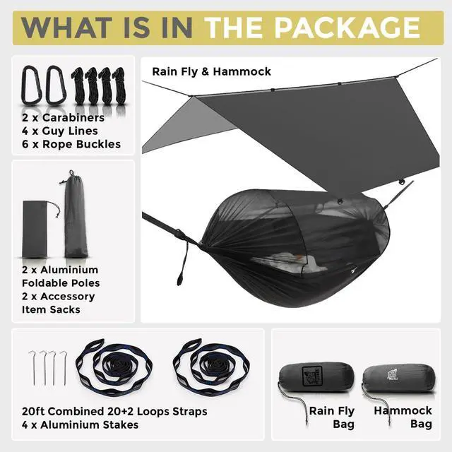 Alt view image 6 of 7 - Camping Hammock with Net & Rain Fly All-in-1 - Double & Single Portable Hammock Ripstop Nylon, Complete Kit w/Adjustable Tree Straps for Backpacking, Outdoor, Travel