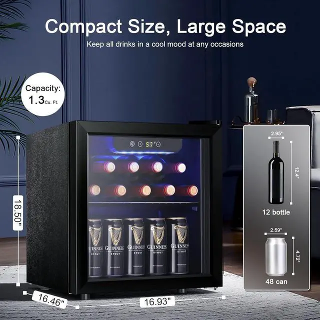 Alt view image 2 of 7 - 12 Bottle Wine Cooler Beverage Refrigerator Mini Fridge Clear Glass Door Quiet Counter Top Cellar for Beer Soda Bar 1.3 cu.ft