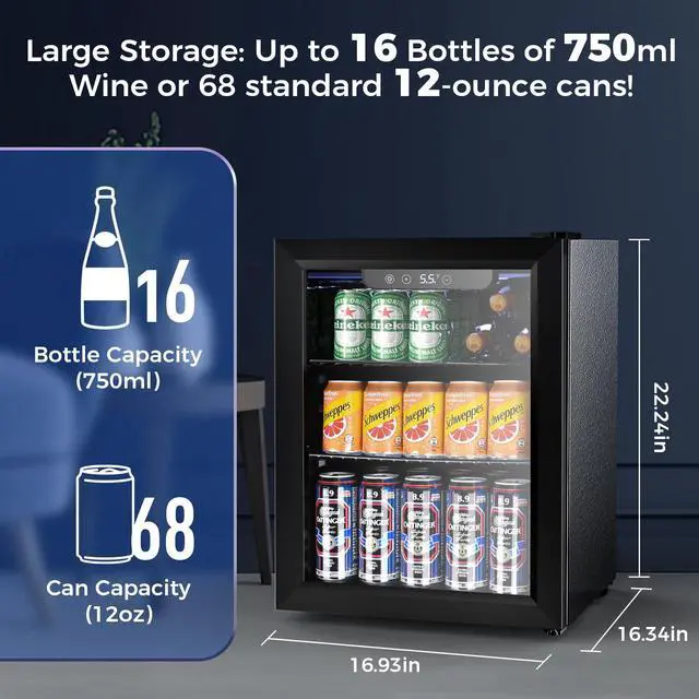 Alt view image 2 of 7 - 68 Cans Beverage Refrigerator Cooler, 1.7 cu.ft Mini Fridge Glass Door Drink Cooler for Beer, Soda,Wine, Digital Temperature Control for Home Office Bar