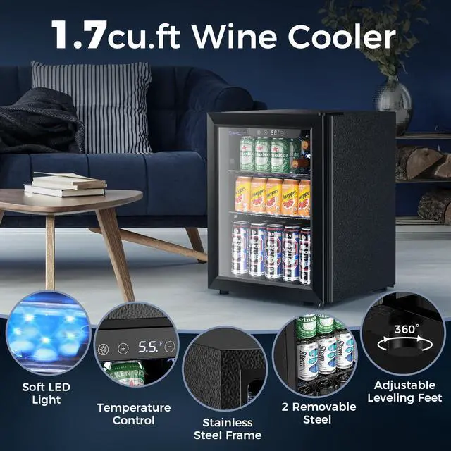 Alt view image 6 of 7 - 68 Cans Beverage Refrigerator Cooler, 1.7 cu.ft Mini Fridge Glass Door Drink Cooler for Beer, Soda,Wine, Digital Temperature Control for Home Office Bar