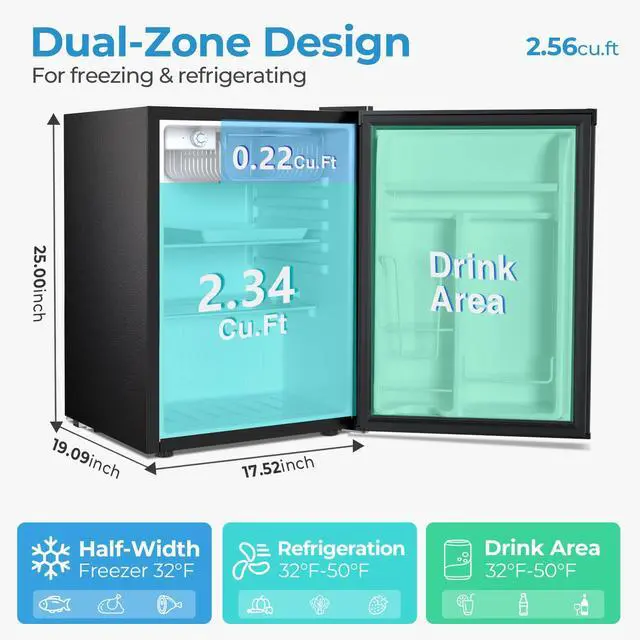 Alt view image 2 of 7 - 2.56 Cu.Ft. Mini Fridge with Freezer, Small Refrigerators with Adjustable Thermostat, Low Noise, Energy Saving, Compact Refrigerators for College Dorm, Office, Bedroom, Stainless Steel