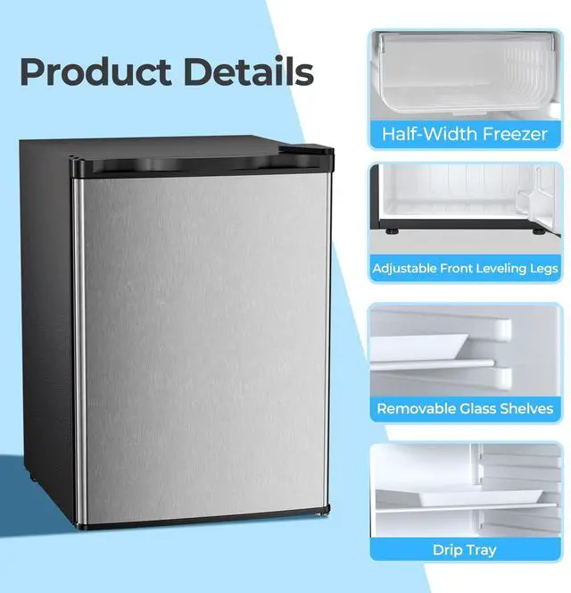 Alt view image 5 of 7 - 2.56 Cu.Ft. Mini Fridge with Freezer, Small Refrigerators with Adjustable Thermostat, Low Noise, Energy Saving, Compact Refrigerators for College Dorm, Office, Bedroom, Stainless Steel