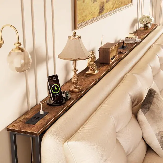 Main image of 118 Inch Sofa Table with Power Outlets and USB-C Ports, 5.9 Inch Narrow Entryway Table, Behind Couch Table with Storage, Extra-Long Console Table, Living Room, Rusitc Brown