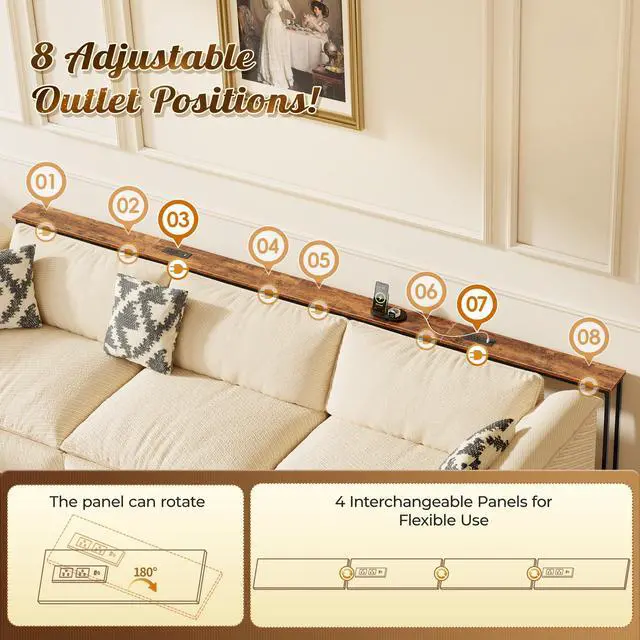 Alt view image 5 of 7 - 118 Inch Sofa Table with Power Outlets and USB-C Ports, 5.9 Inch Narrow Entryway Table, Behind Couch Table with Storage, Extra-Long Console Table, Living Room, Rusitc Brown