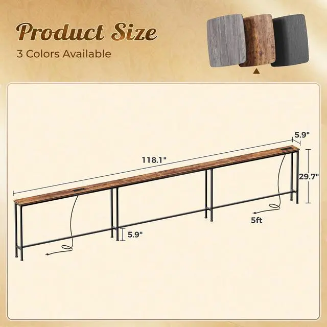Alt view image 7 of 7 - 118 Inch Sofa Table with Power Outlets and USB-C Ports, 5.9 Inch Narrow Entryway Table, Behind Couch Table with Storage, Extra-Long Console Table, Living Room, Rusitc Brown