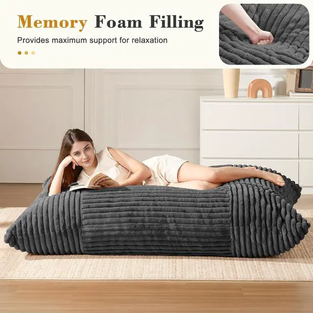 Alt view image 2 of 7 - 3-in-1 Giant Bean Bag Chair for Adults & Kids, Convertible Floor Sofa to Mattress, Memory Foam Beanbag Chair with Washable Cover, Multi Functional Lounge Couch for Bedroom, Living Room (Dark Grey)