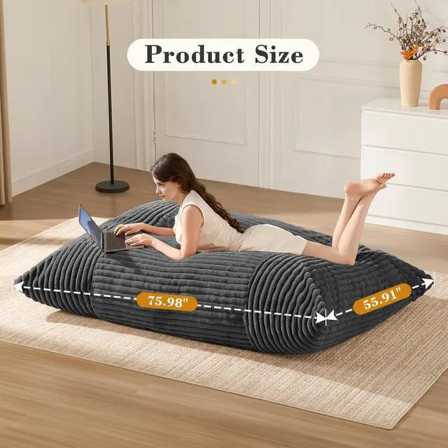 Alt view image 6 of 7 - 3-in-1 Giant Bean Bag Chair for Adults & Kids, Convertible Floor Sofa to Mattress, Memory Foam Beanbag Chair with Washable Cover, Multi Functional Lounge Couch for Bedroom, Living Room (Dark Grey)