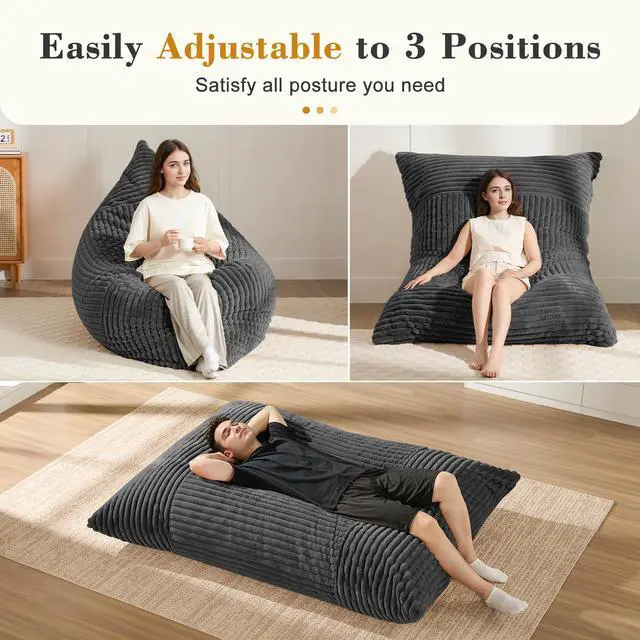 Alt view image 5 of 7 - 3-in-1 Giant Bean Bag Chair for Adults & Kids, Convertible Floor Sofa to Mattress, Memory Foam Beanbag Chair with Washable Cover, Multi Functional Lounge Couch for Bedroom, Living Room (Dark Grey)