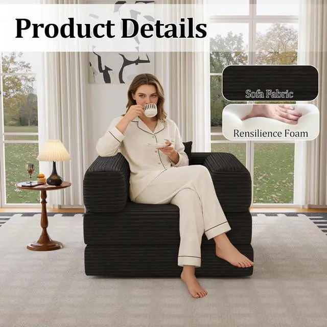 Alt view image 3 of 7 - Single Couch Sofa for Small Spaces 2 in 1 Convertible Sleeper Sofa to Lounger Comfy Bean Bag Chair for Adults Removable Cover with Pillows for Bedroom, Apartment, Office, Black, 35.43" Single Sofa