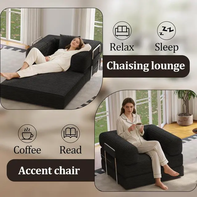 Alt view image 4 of 7 - Single Couch Sofa for Small Spaces 2 in 1 Convertible Sleeper Sofa to Lounger Comfy Bean Bag Chair for Adults Removable Cover with Pillows for Bedroom, Apartment, Office, Black, 35.43" Single Sofa