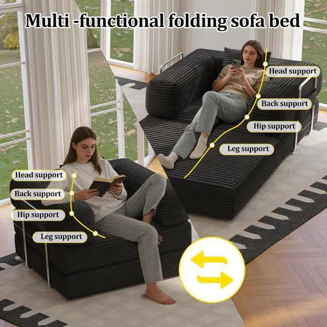Alt view image 6 of 7 - Single Couch Sofa for Small Spaces 2 in 1 Convertible Sleeper Sofa to Lounger Comfy Bean Bag Chair for Adults Removable Cover with Pillows for Bedroom, Apartment, Office, Black, 35.43" Single Sofa