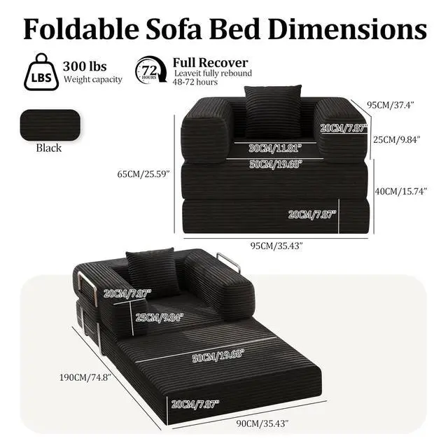 Alt view image 2 of 7 - Single Couch Sofa for Small Spaces 2 in 1 Convertible Sleeper Sofa to Lounger Comfy Bean Bag Chair for Adults Removable Cover with Pillows for Bedroom, Apartment, Office, Black, 35.43" Single Sofa