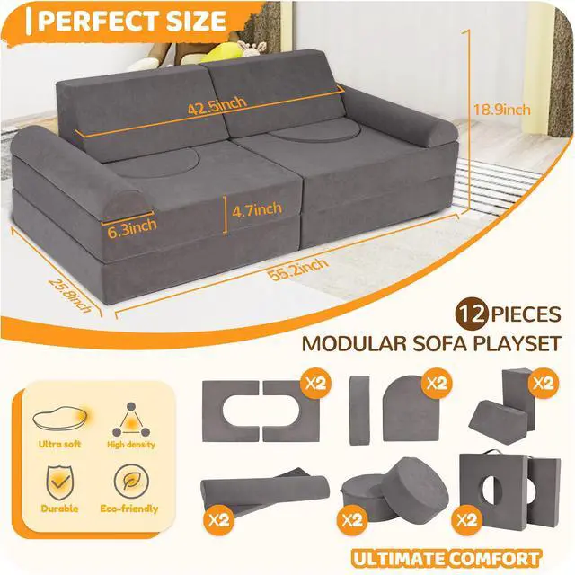 Alt view image 2 of 7 - Toddler Couch, 12-Piece Modular Kids Play Couch for Bedroom