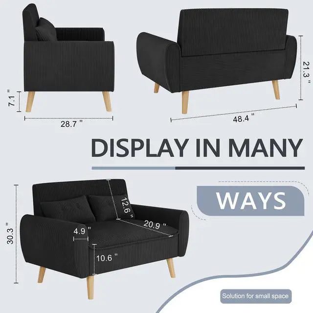 Alt view image 2 of 6 - 48'' Loveseat Sofa, Mid-Century Modern Upholstered Couch Deep Seat with 2 Pillows, 10" Thick Cushion with Spring, Solid Wood Frame Small Couch for Living Room, Dorms & Office, Black