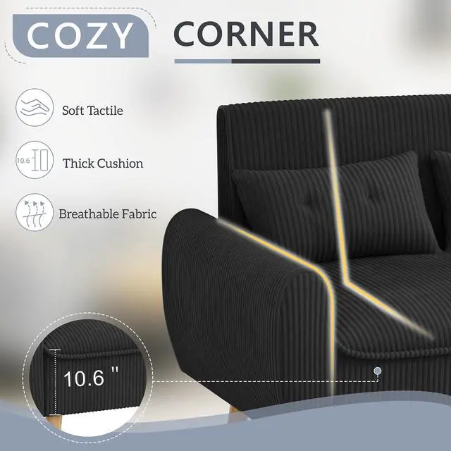Alt view image 3 of 6 - 48'' Loveseat Sofa, Mid-Century Modern Upholstered Couch Deep Seat with 2 Pillows, 10" Thick Cushion with Spring, Solid Wood Frame Small Couch for Living Room, Dorms & Office, Black