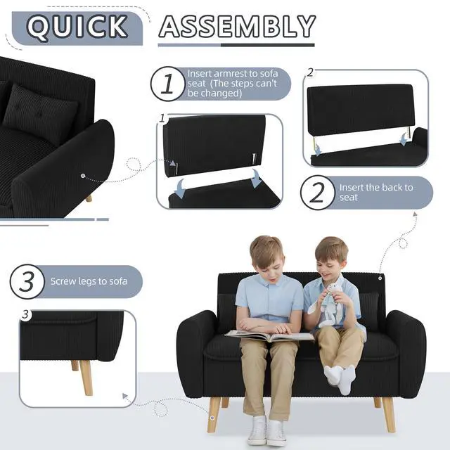 Alt view image 5 of 6 - 48'' Loveseat Sofa, Mid-Century Modern Upholstered Couch Deep Seat with 2 Pillows, 10" Thick Cushion with Spring, Solid Wood Frame Small Couch for Living Room, Dorms & Office, Black