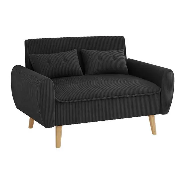 Alt view image 6 of 6 - 48'' Loveseat Sofa, Mid-Century Modern Upholstered Couch Deep Seat with 2 Pillows, 10" Thick Cushion with Spring, Solid Wood Frame Small Couch for Living Room, Dorms & Office, Black