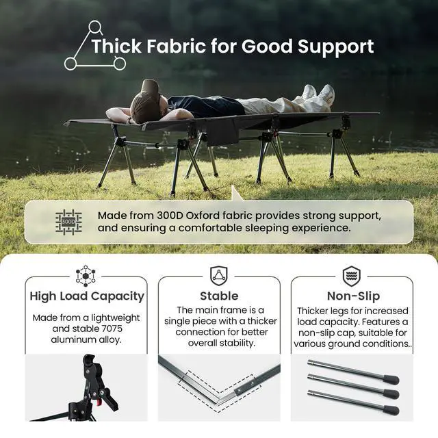 Alt view image 2 of 7 - SUPRANUBIS Camping Cot, Height Adjustable with Cot Leg Extenders, Strong Support 330lbs, Lightweight Comfortable Folding Bed for Camping, Hiking, Travel, Truck, Beach, Office Nap
