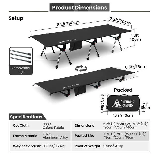 Alt view image 6 of 7 - SUPRANUBIS Camping Cot, Height Adjustable with Cot Leg Extenders, Strong Support 330lbs, Lightweight Comfortable Folding Bed for Camping, Hiking, Travel, Truck, Beach, Office Nap