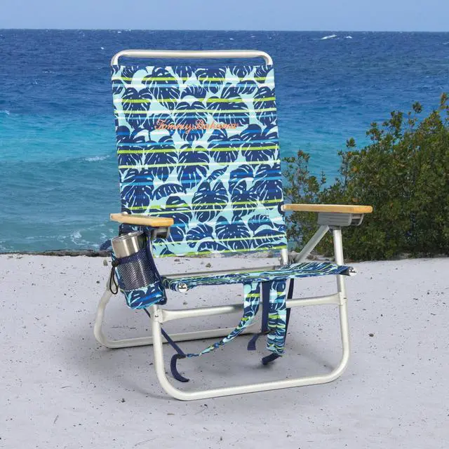 Alt view image 2 of 7 - 2-Pack 4-Position Extended 12.8" seat Height Easy in-Easy Out Folding Backpack Beach Chair, Blue Tropical Leaves