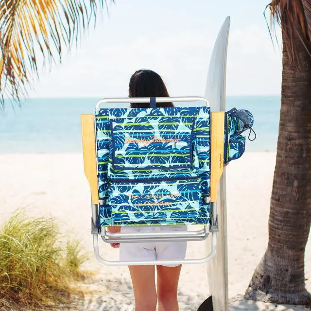Alt view image 3 of 7 - 2-Pack 4-Position Extended 12.8" seat Height Easy in-Easy Out Folding Backpack Beach Chair, Blue Tropical Leaves