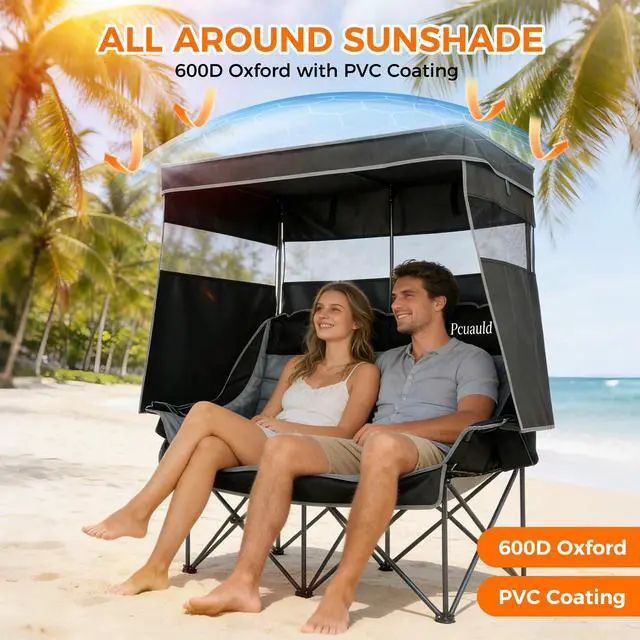 Alt view image 3 of 7 - Double Camping Chair with Canopy Heavy Duty 2 Person Folding Loveseat Beach Chair with Shade High Back Oversized Outdoor Camping Couch with Cup Holders & Wine Racks for Lawn, Fishing, Sports