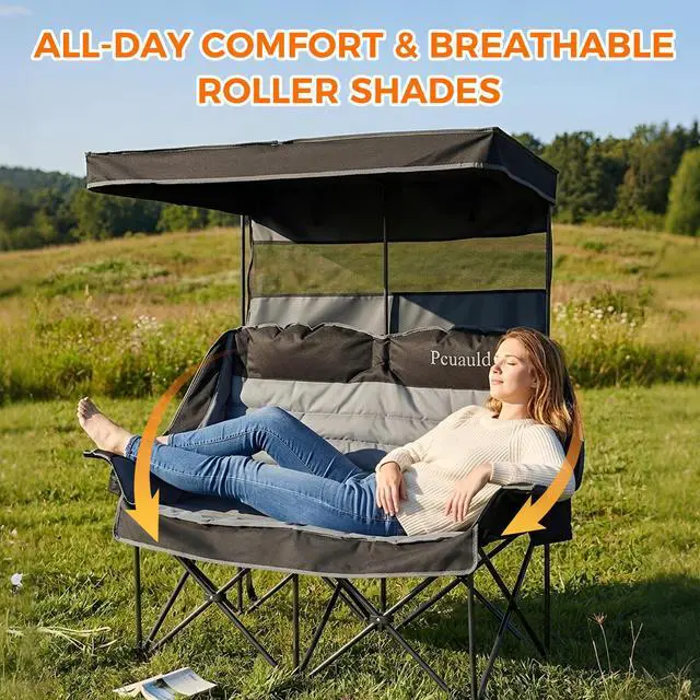 Alt view image 5 of 7 - Double Camping Chair with Canopy Heavy Duty 2 Person Folding Loveseat Beach Chair with Shade High Back Oversized Outdoor Camping Couch with Cup Holders & Wine Racks for Lawn, Fishing, Sports
