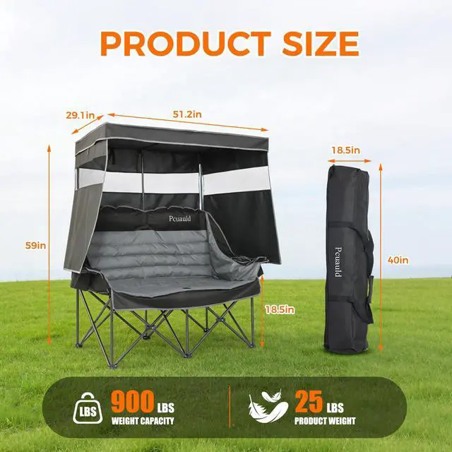 Alt view image 6 of 7 - Double Camping Chair with Canopy Heavy Duty 2 Person Folding Loveseat Beach Chair with Shade High Back Oversized Outdoor Camping Couch with Cup Holders & Wine Racks for Lawn, Fishing, Sports