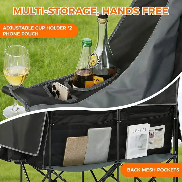 Alt view image 7 of 7 - Double Camping Chair with Canopy Heavy Duty 2 Person Folding Loveseat Beach Chair with Shade High Back Oversized Outdoor Camping Couch with Cup Holders & Wine Racks for Lawn, Fishing, Sports
