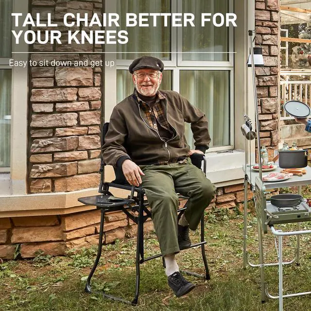 Alt view image 2 of 7 - Portable 30.7" Seat Height Tall Folding Camping Chair Directors Chair High Foldable Bar Stool with Side Table for Makeup Artist, Sports Event, Craft Show, Supports 350LBS