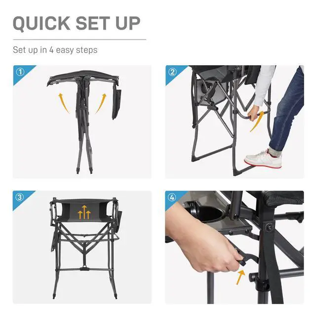 Alt view image 7 of 7 - Portable 30.7" Seat Height Tall Folding Camping Chair Directors Chair High Foldable Bar Stool with Side Table for Makeup Artist, Sports Event, Craft Show, Supports 350LBS