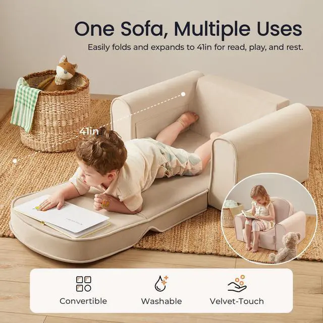 Alt view image 2 of 6 - 2-in-1 Foldable Kids Couch with Pocket Soft Thick Toddler Sofa
