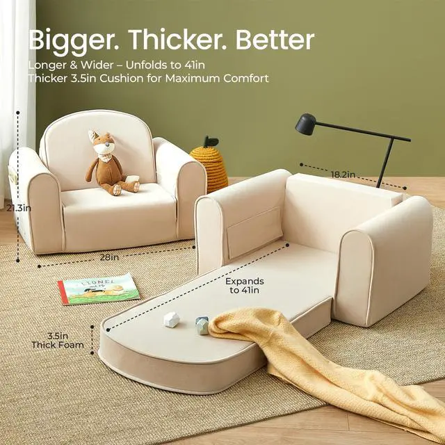 Alt view image 4 of 6 - 2-in-1 Foldable Kids Couch with Pocket Soft Thick Toddler Sofa