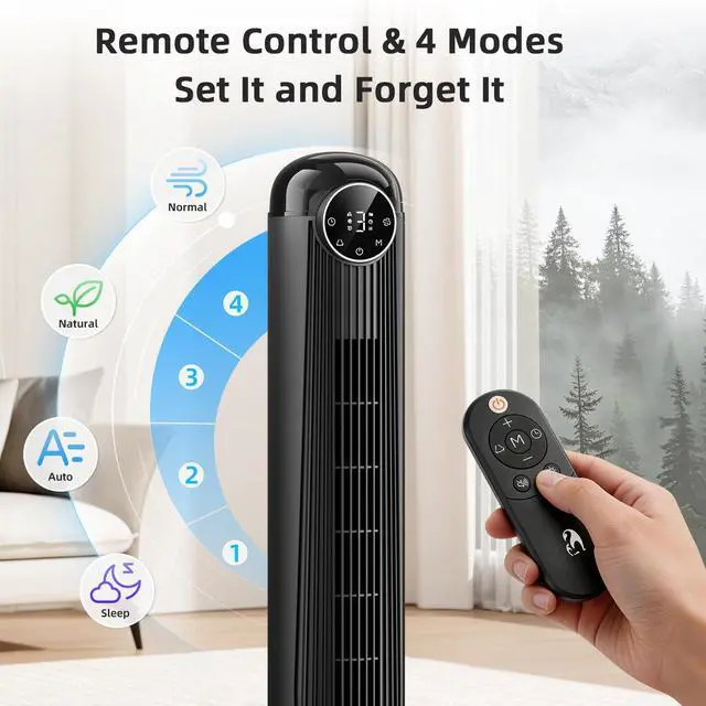 Alt view image 2 of 4 - T42 Tower Fan-42 Inch, Bladeless Oscillating Fan with Remote, 6 Speeds & 4 Modes, LED Display, 9H Timer, Quiet Floor Standing Fan for Bedroom Living Room Office, Black