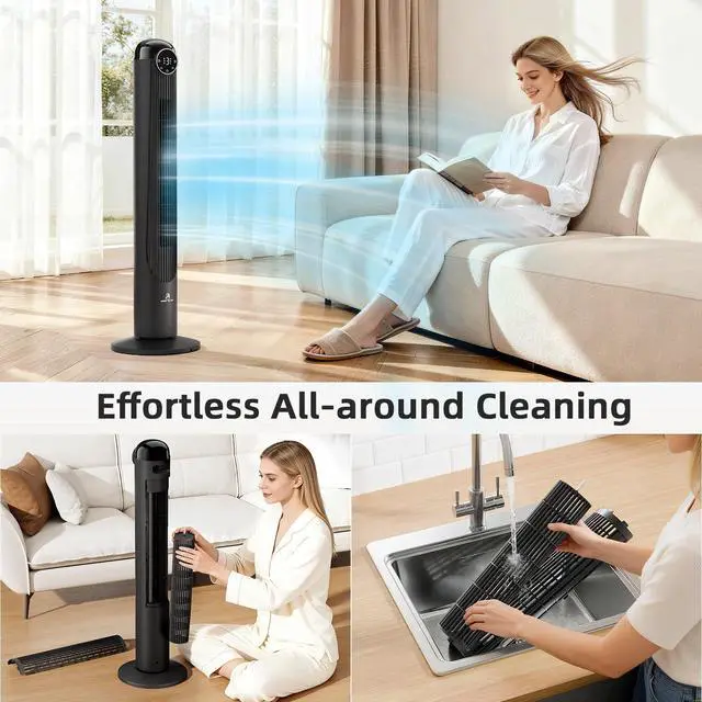 Alt view image 3 of 4 - T42 Tower Fan-42 Inch, Bladeless Oscillating Fan with Remote, 6 Speeds & 4 Modes, LED Display, 9H Timer, Quiet Floor Standing Fan for Bedroom Living Room Office, Black