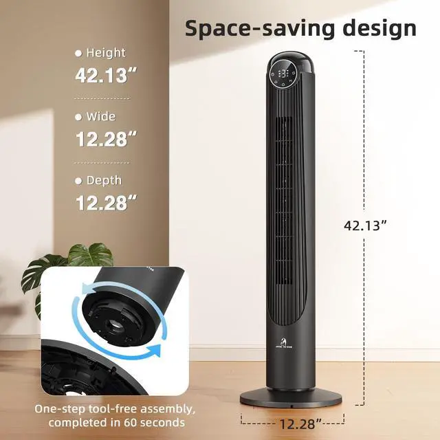 Alt view image 4 of 4 - T42 Tower Fan-42 Inch, Bladeless Oscillating Fan with Remote, 6 Speeds & 4 Modes, LED Display, 9H Timer, Quiet Floor Standing Fan for Bedroom Living Room Office, Black