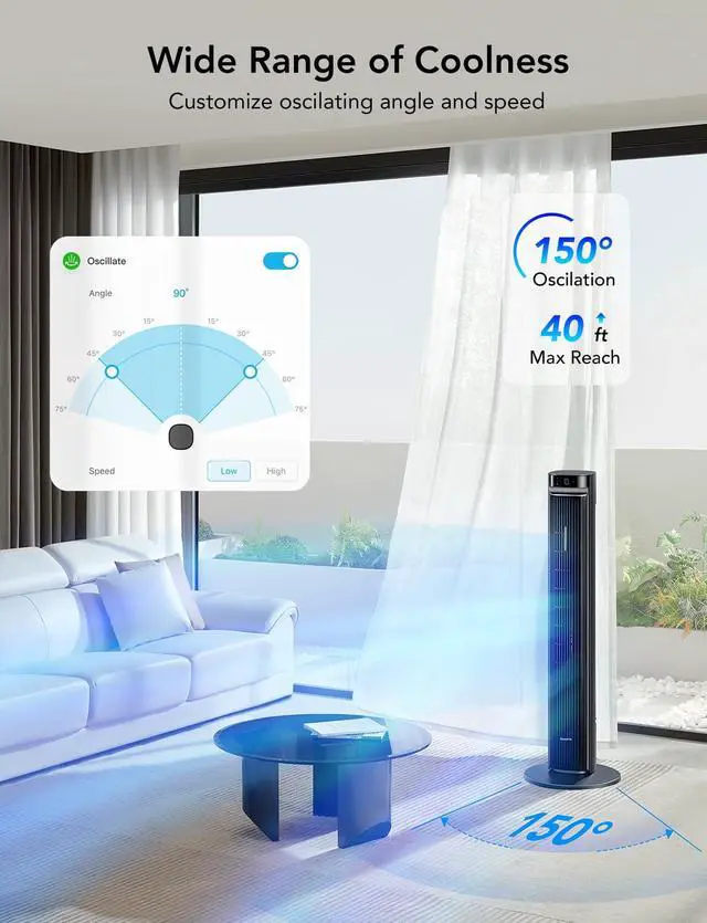 Alt view image 2 of 7 - 42 in. Tower Fan, 150 Deg Oscillation, 5 Modes 12 Speeds, Black