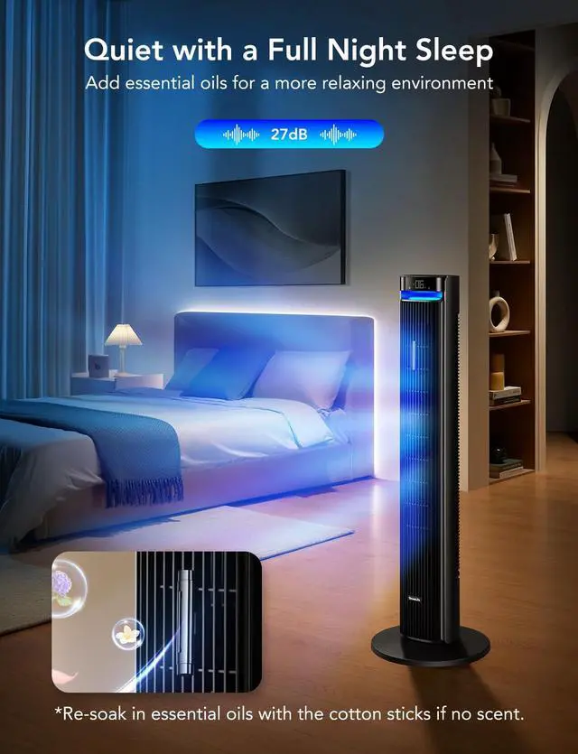 Alt view image 6 of 7 - 42 in. Tower Fan, 150 Deg Oscillation, 5 Modes 12 Speeds, Black