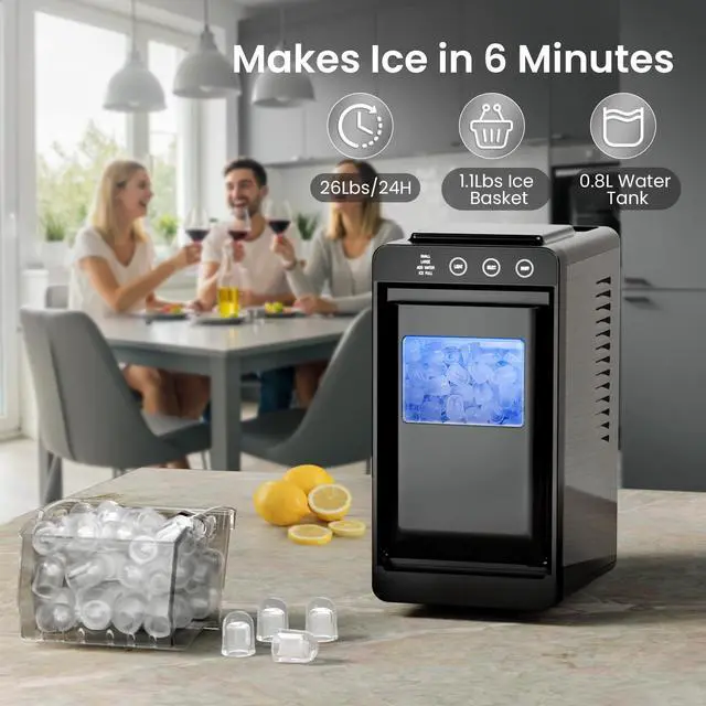 Alt view image 5 of 7 - Portable Countertop Ice Maker Machine, 26lbs Ice in 24Hrs, Self-Cleaning Ice Maker with Selectable Ice Size & Internal Light, Compact Design for Home/Kitchen/Bar