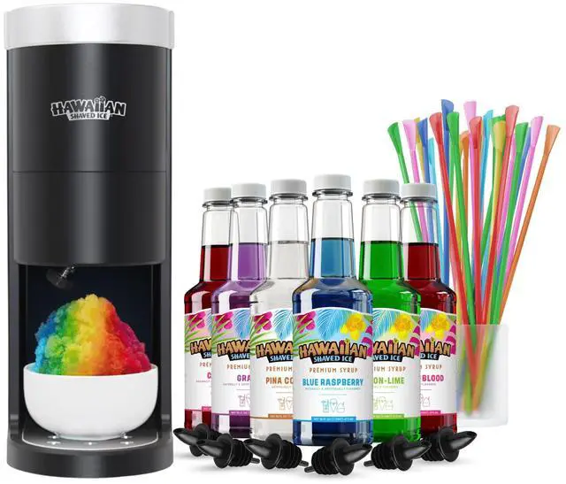 Main image of HomePro Shaved Ice and Snow Cone Machine Kit, 6-16oz. Syrup Flavors Cherry, Grape, Blue Raspberry, Tigers Blood, Lemon-Lime, Pina Colada, 50 spoon straws, 6 black pour spouts