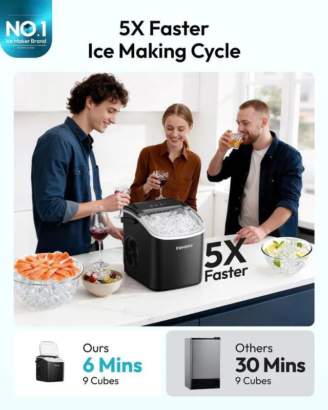 Alt view image 2 of 7 - Countertop Ice Maker Machine with Handle, 26lbs in 24Hrs, 9 Ice Cubes Ready in 6 Mins, Auto-Cleaning Portable Ice Maker with Basket and Scoop, for Home/Kitchen/Camping/RV. (Black)