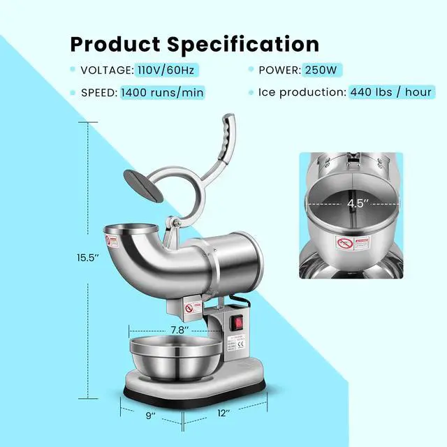 Alt view image 7 of 7 - Electric Dual Blades Ice Crusher Shaver Silver 440lbs/hr