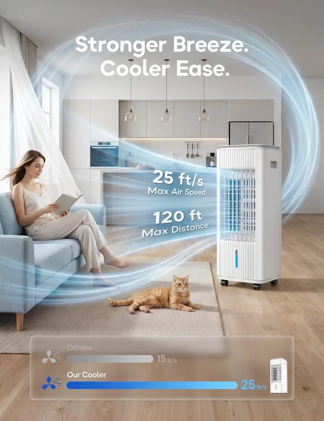 Alt view image 2 of 7 - Windowless Portable Air Conditioner, 25.3" Evaporative Air Cooler for Room No Window, 90° Oscillation Swamp Cooler with Remote, 3 Speed, 4 Modes, Timer, 4 Ice Packs, Quiet AC Unit for Bedroom, White