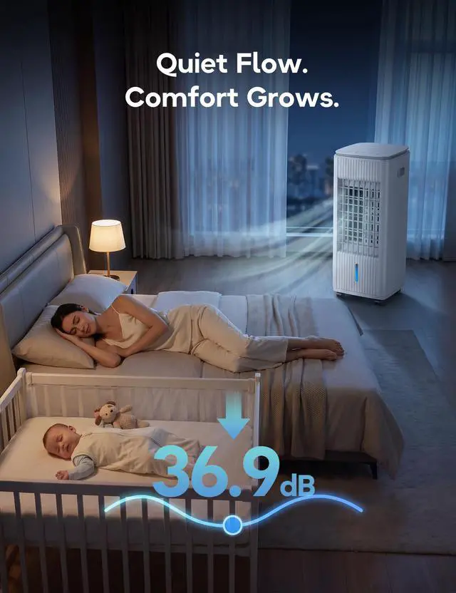 Alt view image 3 of 7 - Windowless Portable Air Conditioner, 25.3" Evaporative Air Cooler for Room No Window, 90° Oscillation Swamp Cooler with Remote, 3 Speed, 4 Modes, Timer, 4 Ice Packs, Quiet AC Unit for Bedroom, White