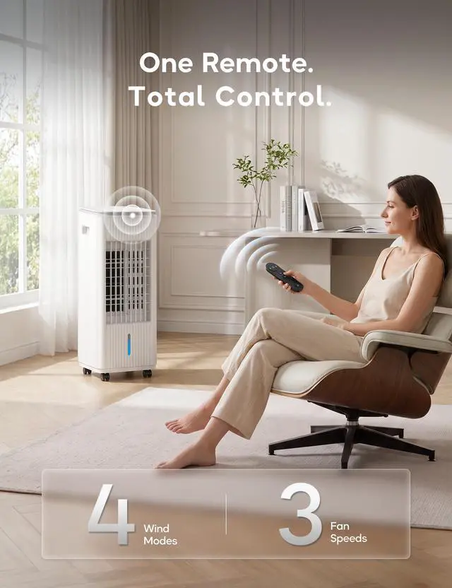 Alt view image 6 of 7 - Windowless Portable Air Conditioner, 25.3" Evaporative Air Cooler for Room No Window, 90° Oscillation Swamp Cooler with Remote, 3 Speed, 4 Modes, Timer, 4 Ice Packs, Quiet AC Unit for Bedroom, White
