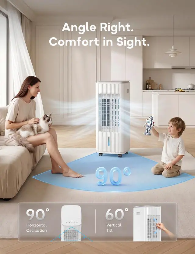 Alt view image 7 of 7 - Windowless Portable Air Conditioner, 25.3" Evaporative Air Cooler for Room No Window, 90° Oscillation Swamp Cooler with Remote, 3 Speed, 4 Modes, Timer, 4 Ice Packs, Quiet AC Unit for Bedroom, White