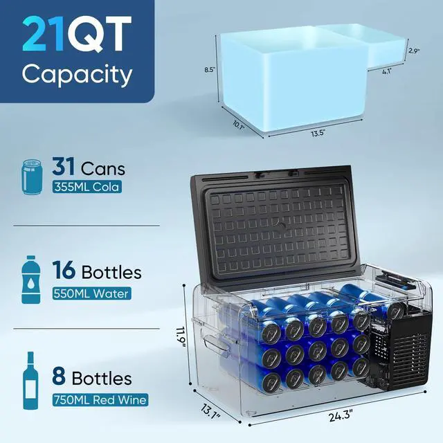 Alt view image 2 of 7 - 12 Volt Refrigerator - 21QT(20L) Portable Freezer, Electric Cooler for Car Truck RV Van Camping & Road Trip, Fast Cooling Fridge with 12/24V DC & 110-240V AC for Vehicle & Home Use,-4~68